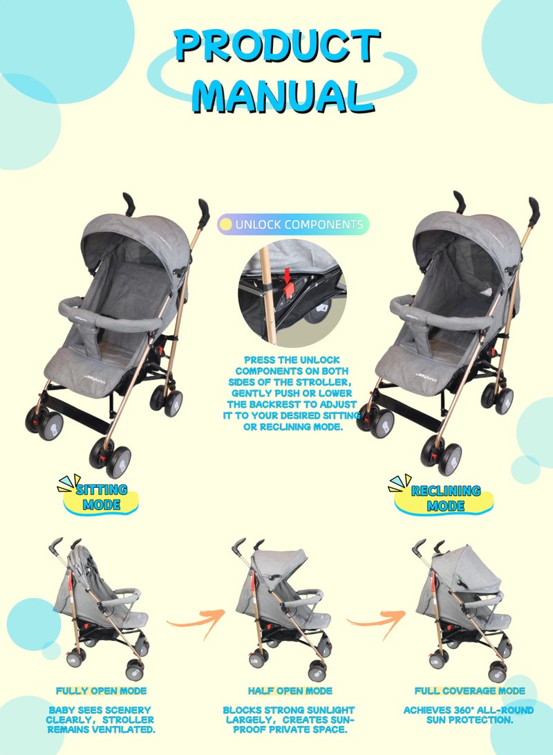 Foldable Ultra Lightweight Travel Stroller with Absorbent Multi Position Reclining Seat Adjustable Canopy Foldable Storage Basket Umbrella Foldable Design NO.1103 - Image 3